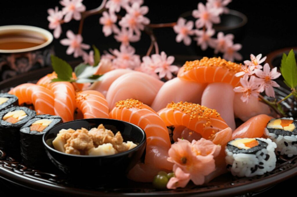 A dish of sushi garnished with little Sakura flowers, remaining true to its Japanese heritage.