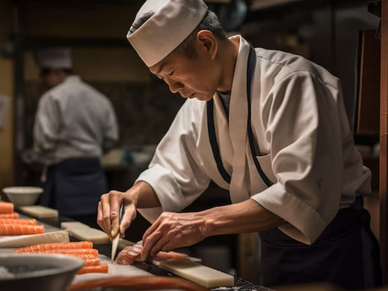 A sushi chef preparing precisely, showcasing the amount of detail and artistry.