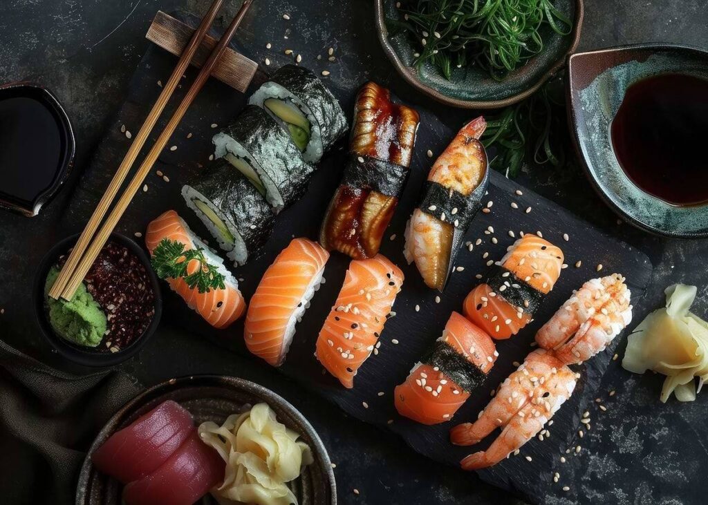 Assorted handmade sushi including nigiri, rolls, and handrolls made with fresh, high-quality seafood in Singapore.