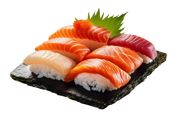 Artfully plated nigiri sushi served on a textured rock plate, showcasing traditional Japanese craftsmanship