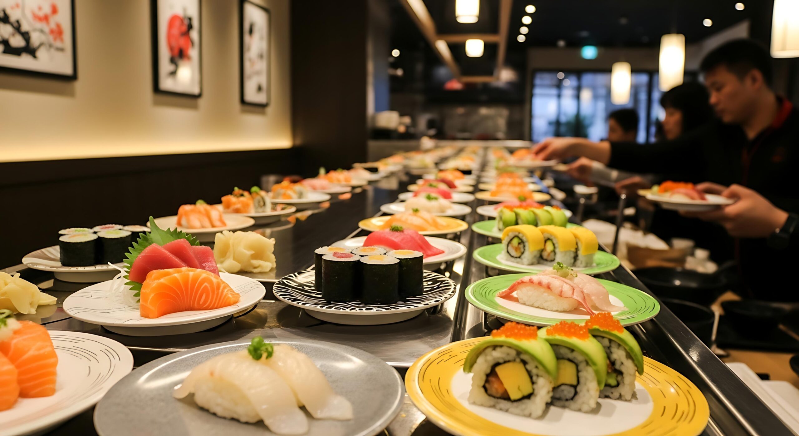 This is a close-up, shallow depth-of-field photograph of several salmon sushi rolls arranged in two rows on a rectangular white plate.