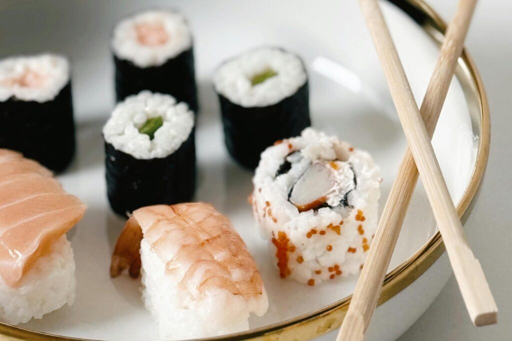 A close up shot of multiple sushi