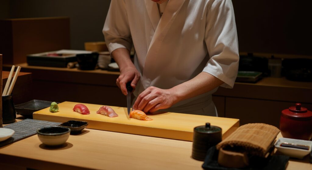 A chef wearing a white traditional uniform stands at a smooth wooden counter, carefully slicing a piece of salmon sushi with a knife. The minimalist setting features prepared nigiri, a dab of green wasabi, and a bamboo rolling mat, emphasizing the precision of the culinary art.