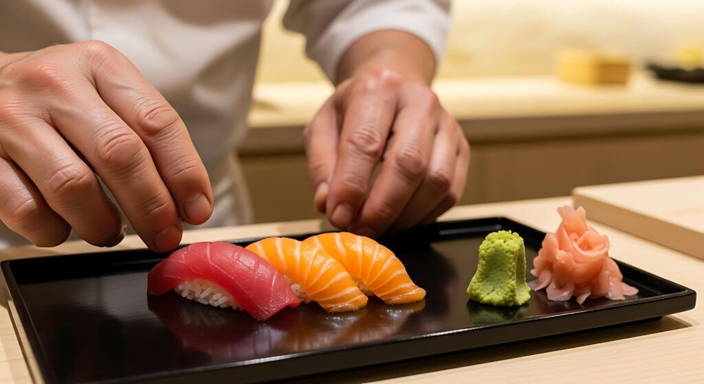 A chef's hands are shown meticulously arranging fresh nigiri sushi onto a sleek black rectangular plate. The elegantly plated dish features pieces of tuna and salmon accompanied by mounds of green wasabi and pink pickled ginger.