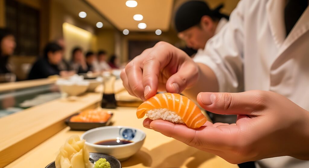 A close-up view focuses on a sushi chef delicately holding a fresh piece of salmon nigiri, showcasing the vibrant orange fish atop seasoned white rice. The warm, bustling atmosphere of the restaurant is hinted at by the blurred background, where diners sit along the counter while another chef works.