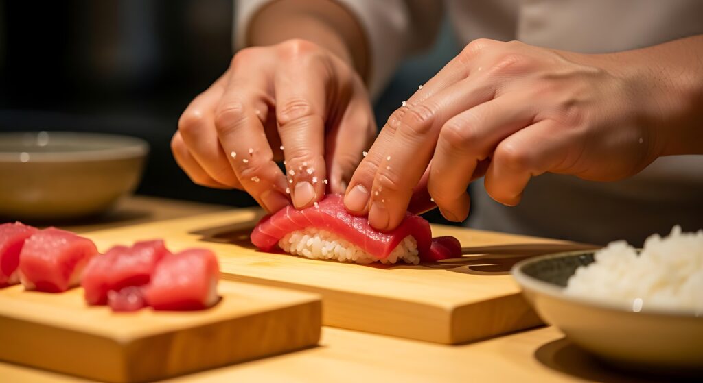 A close-up captures the delicate action of a chef's hands sprinkling coarse salt over a fresh piece of tuna nigiri on a wooden board. The composition emphasizes the freshness of the ingredients, showing additional cuts of raw fish and a bowl of rice in the softly lit workspace.
