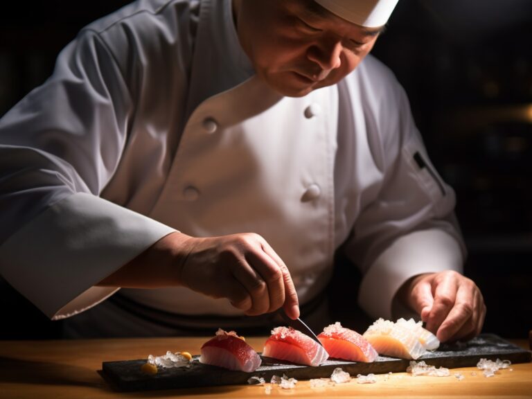 A sushi chef carefully displaying the craft of making the Japanese delicacy.