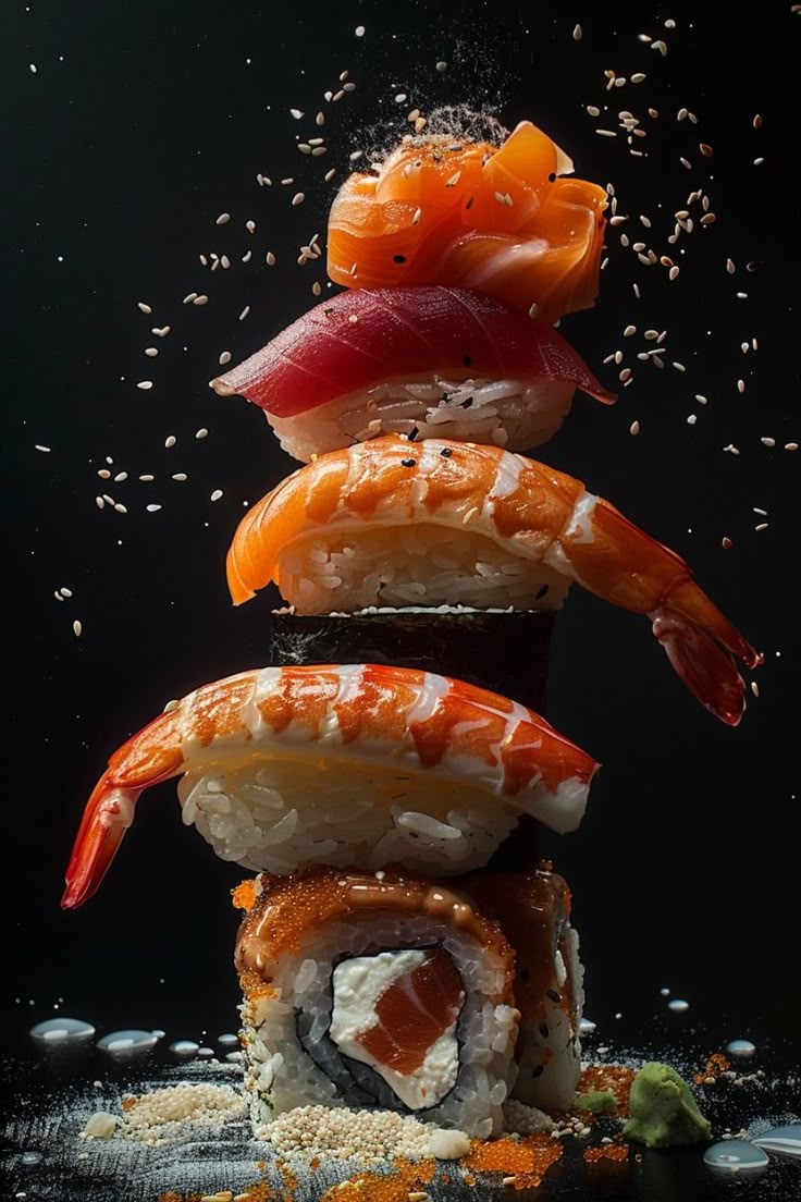 Gourmet stacked sushi rolls featuring salmon and avocado, garnished with bright green tobiko (fish roe) and presented elegantly on a dark black plate.