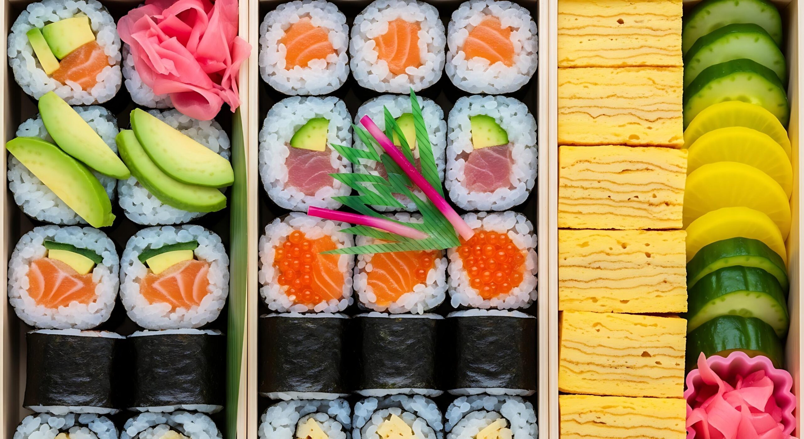 This is a top-down view of a Japanese sushi bento box, meticulously organized into three main vertical sections. The box features an assortment of sushi rolls, including salmon, tuna, and roe, alongside slices of tamagoyaki.