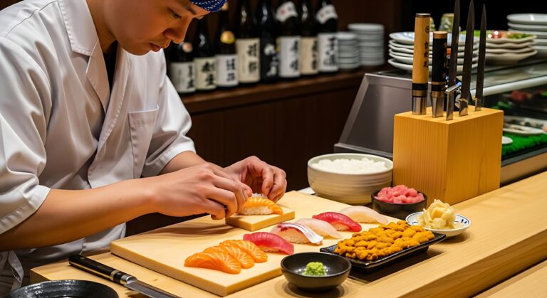 A focused sushi chef in a white uniform meticulously assembles fresh nigiri on a smooth wooden counter. The workspace displays a vibrant assortment of seafood, including salmon, tuna, and sea urchin, set against a backdrop of stacked plates and sake bottles.