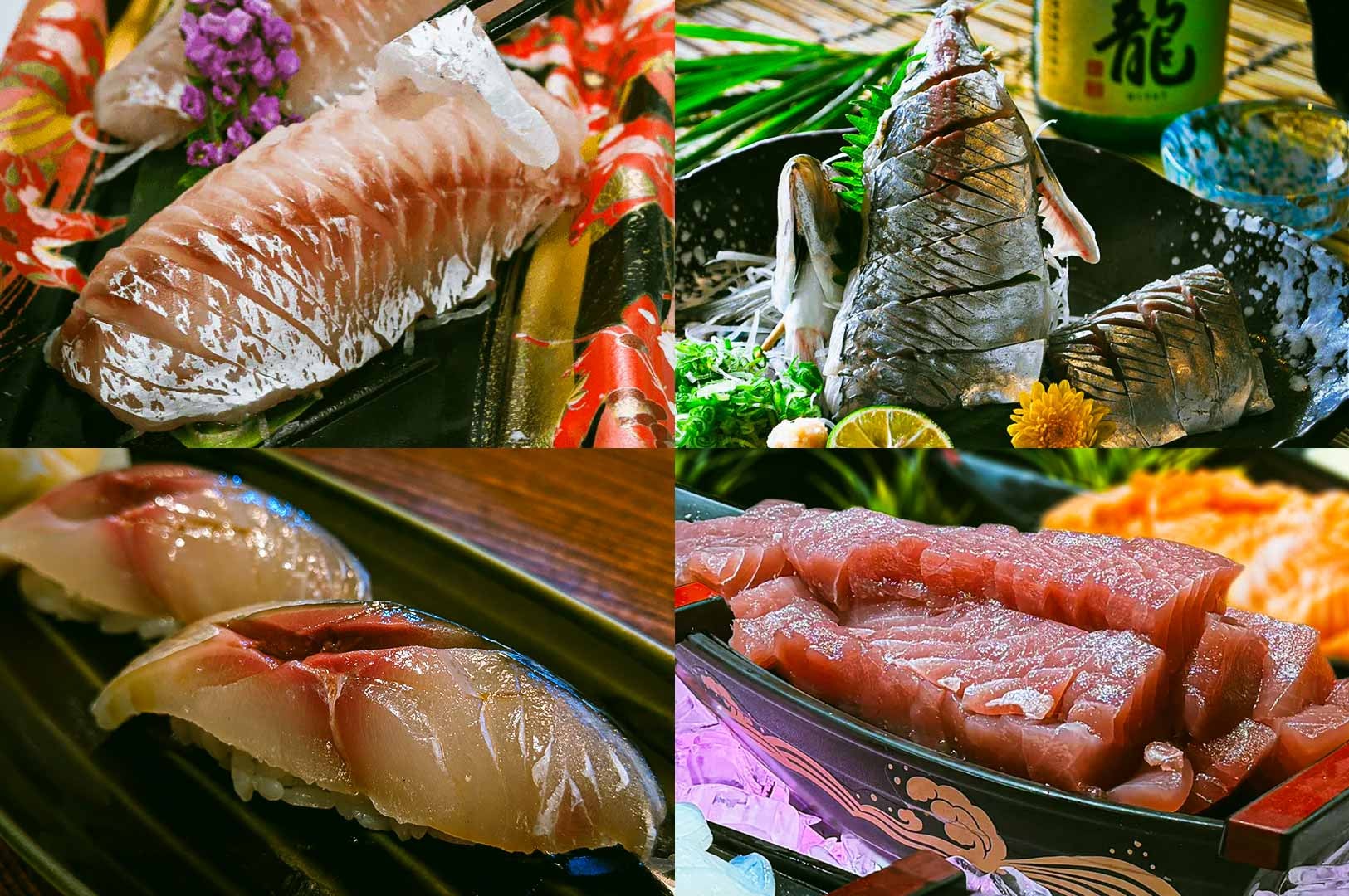 Close up shots of sashimi made from Tai (Sea Bream), Aji (Horse Mackerel), Sanma (Pacific Saury) and Maguro (Tuna).