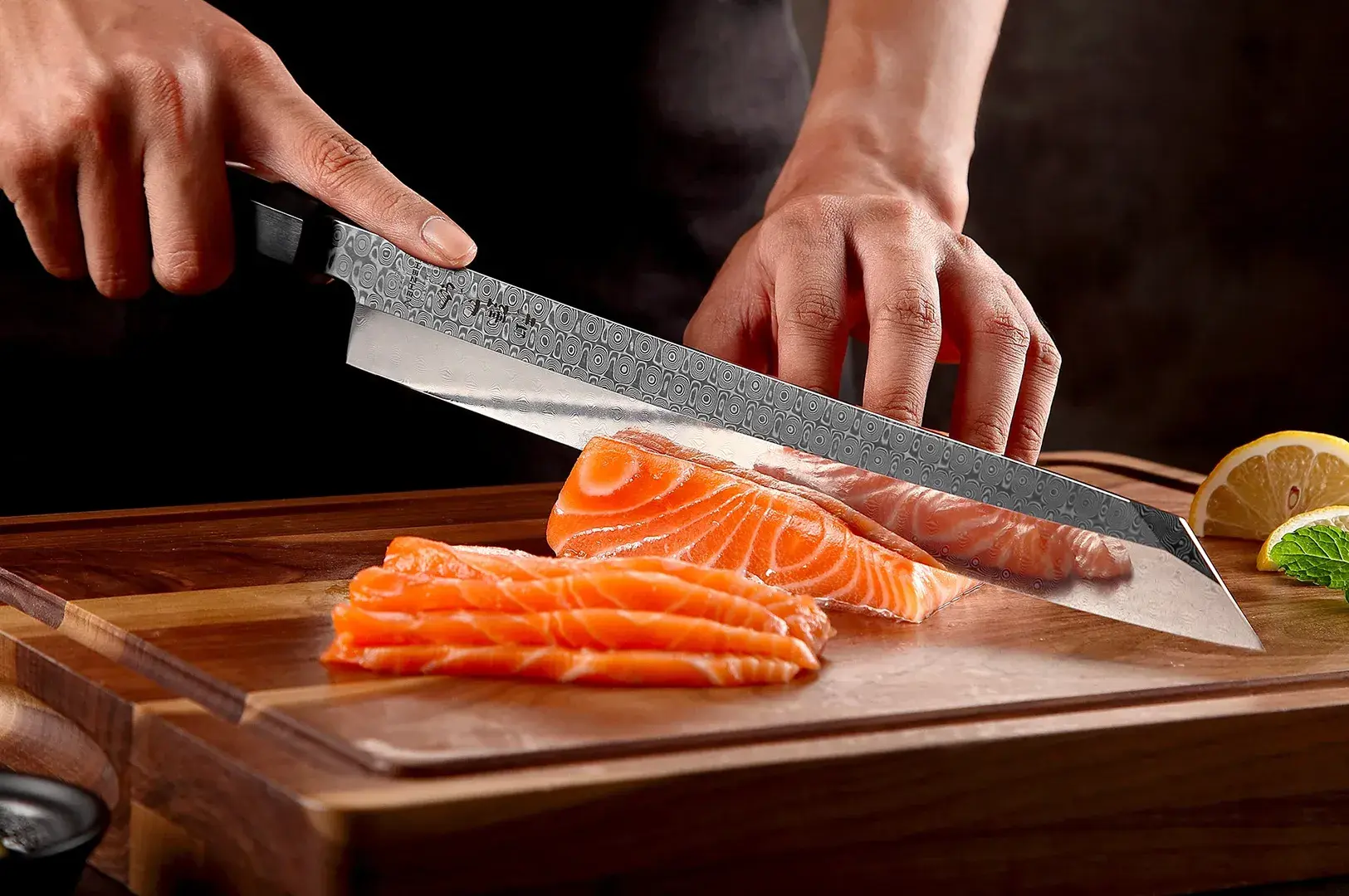 Sushi chef slicing fresh salmon sashimi with a yanagiba knife
