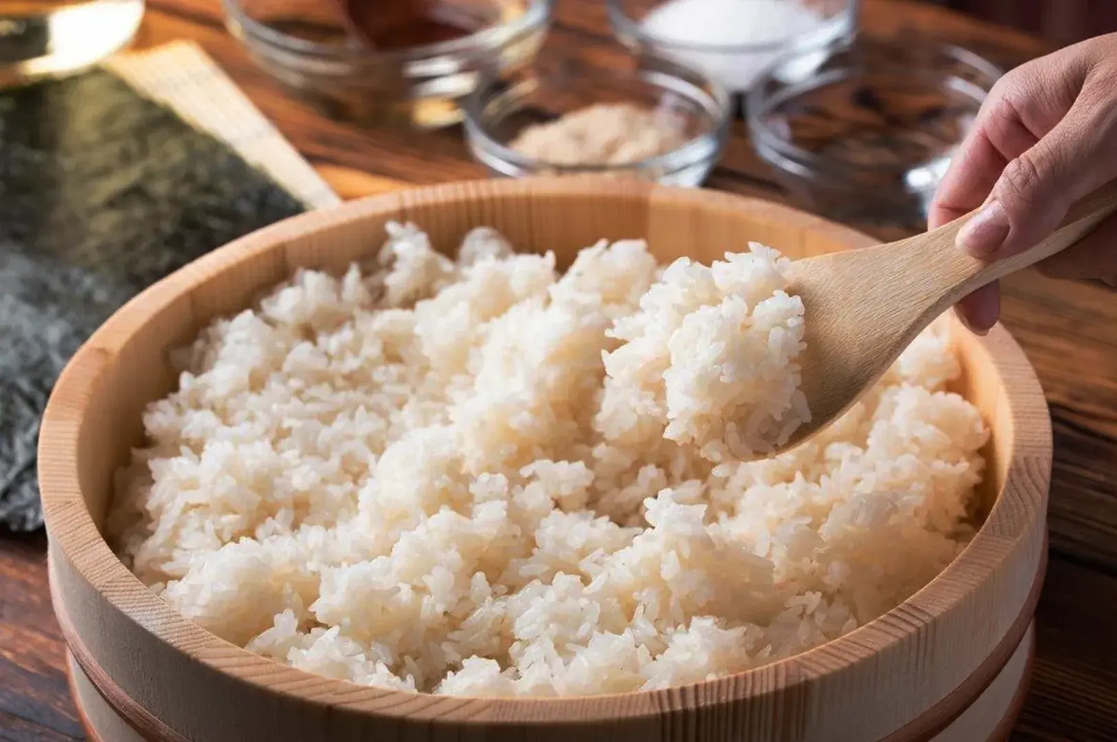 Sushi rice being mixed in a wooden hangiri with rice paddle