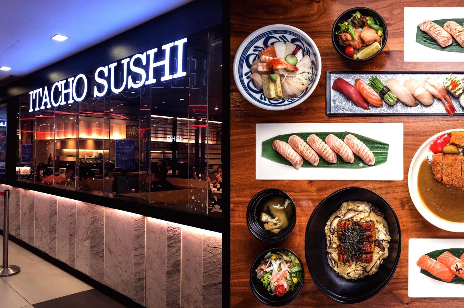 Itacho Sushi Singapore restaurant exterior and assorted sushi set on table