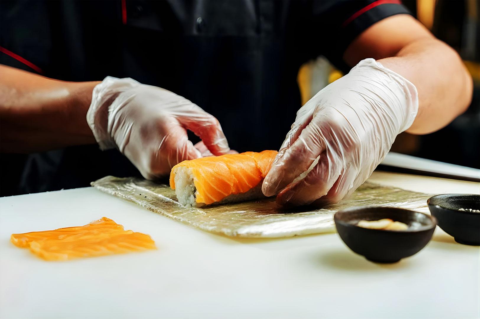 Close-up of salmon sushi roll preparation with fresh ingredients, highlighting affordable sushi quality and precise Japanese culinary technique