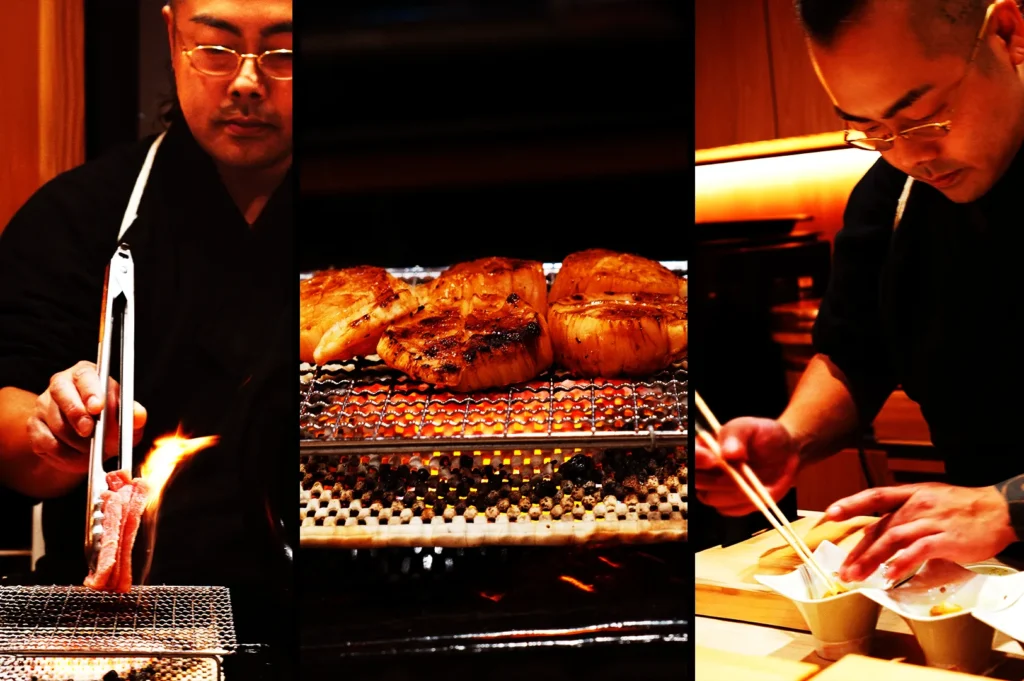 Japanese chef grilling and plating dishes at Sushi Masa by Ki-setsu Singapore omakase restaurant