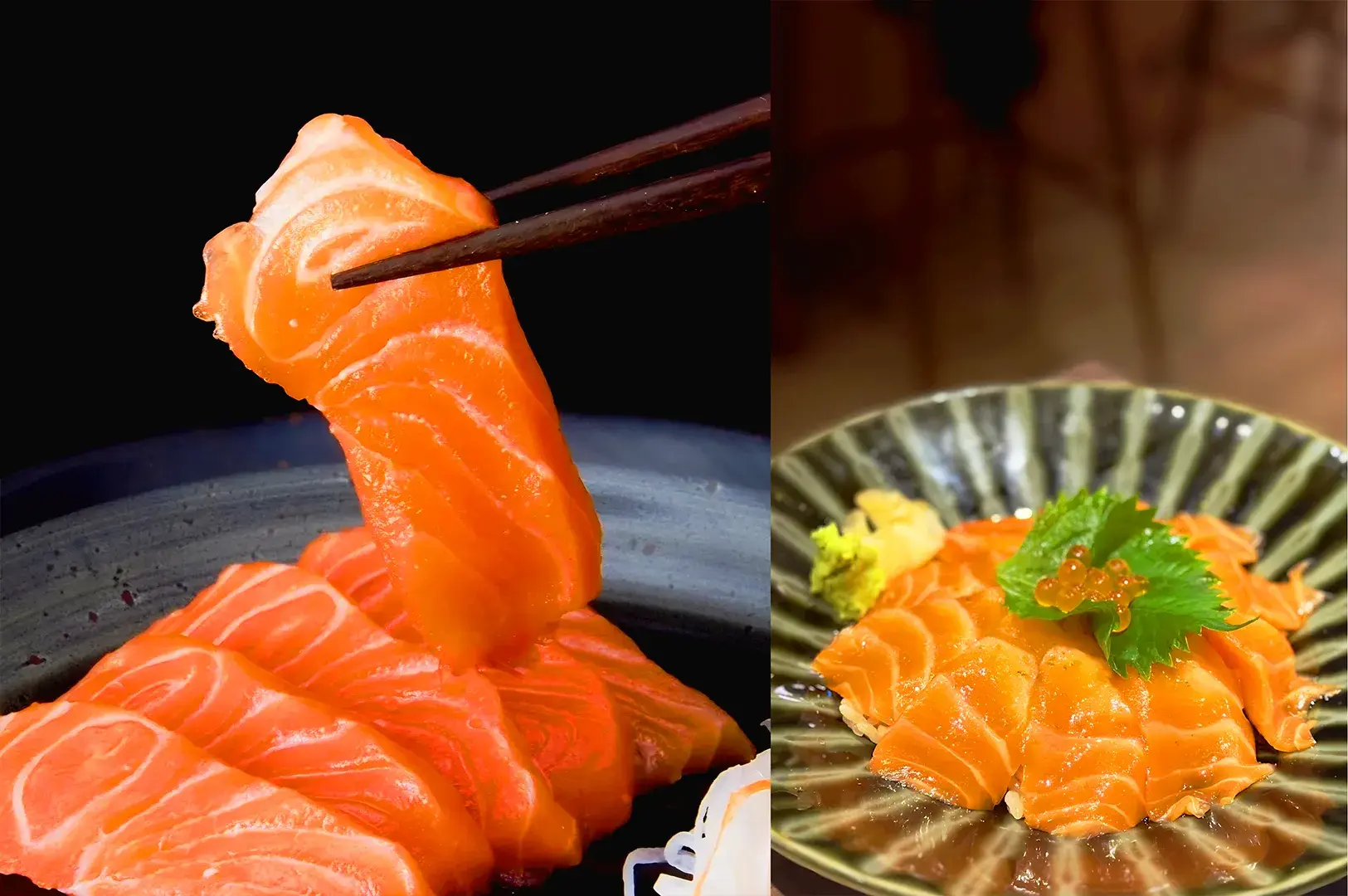 Close-up of thick-cut salmon sashimi with chopsticks and ikura garnish, highlighting fresh Japanese salmon sashimi popular in Singapore restaurants