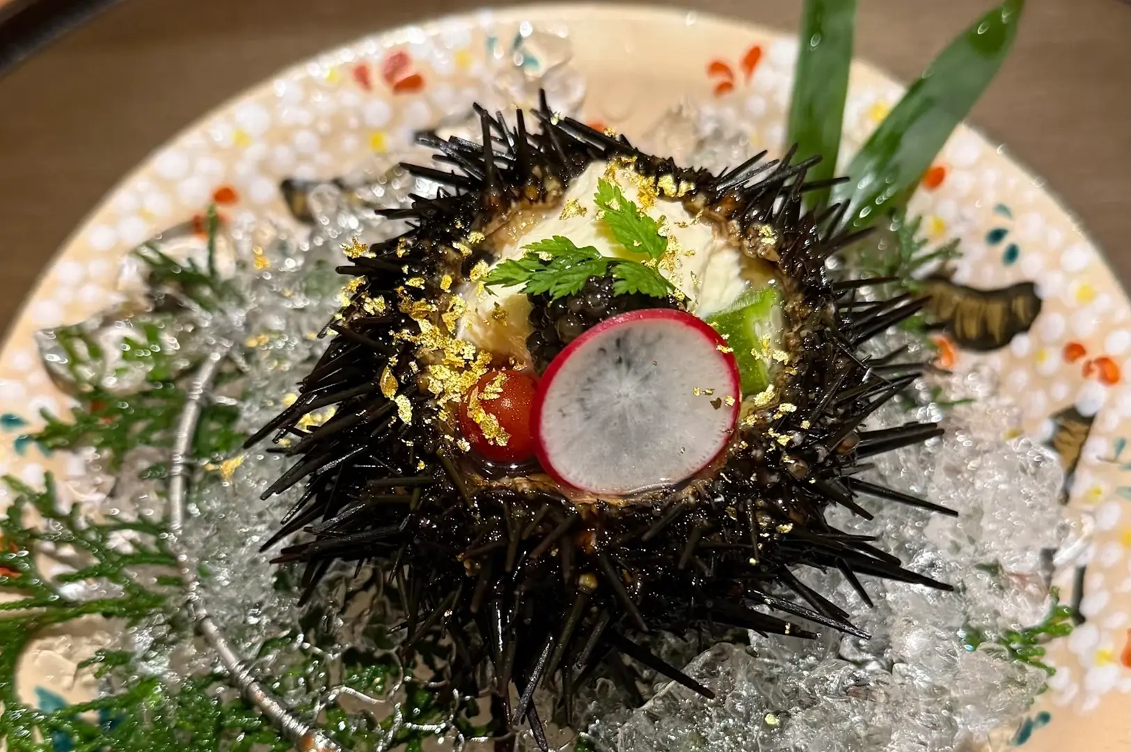 Sea urchin presented in black spiky shell with gold flakes, radish slice, and microgreens on decorative ceramic plate with colorful floral pattern