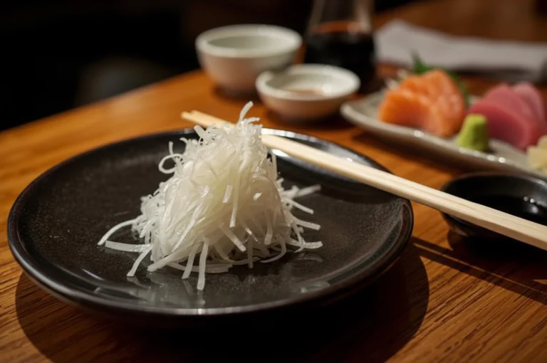 Shredded daikon with chopsticks along with some sashimi, wasabi, ginger, and soy sauce to the side