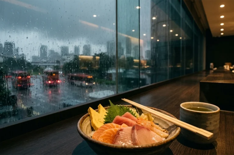 A chirashi bowl on a counter overlooking a rainy Singapore street scene