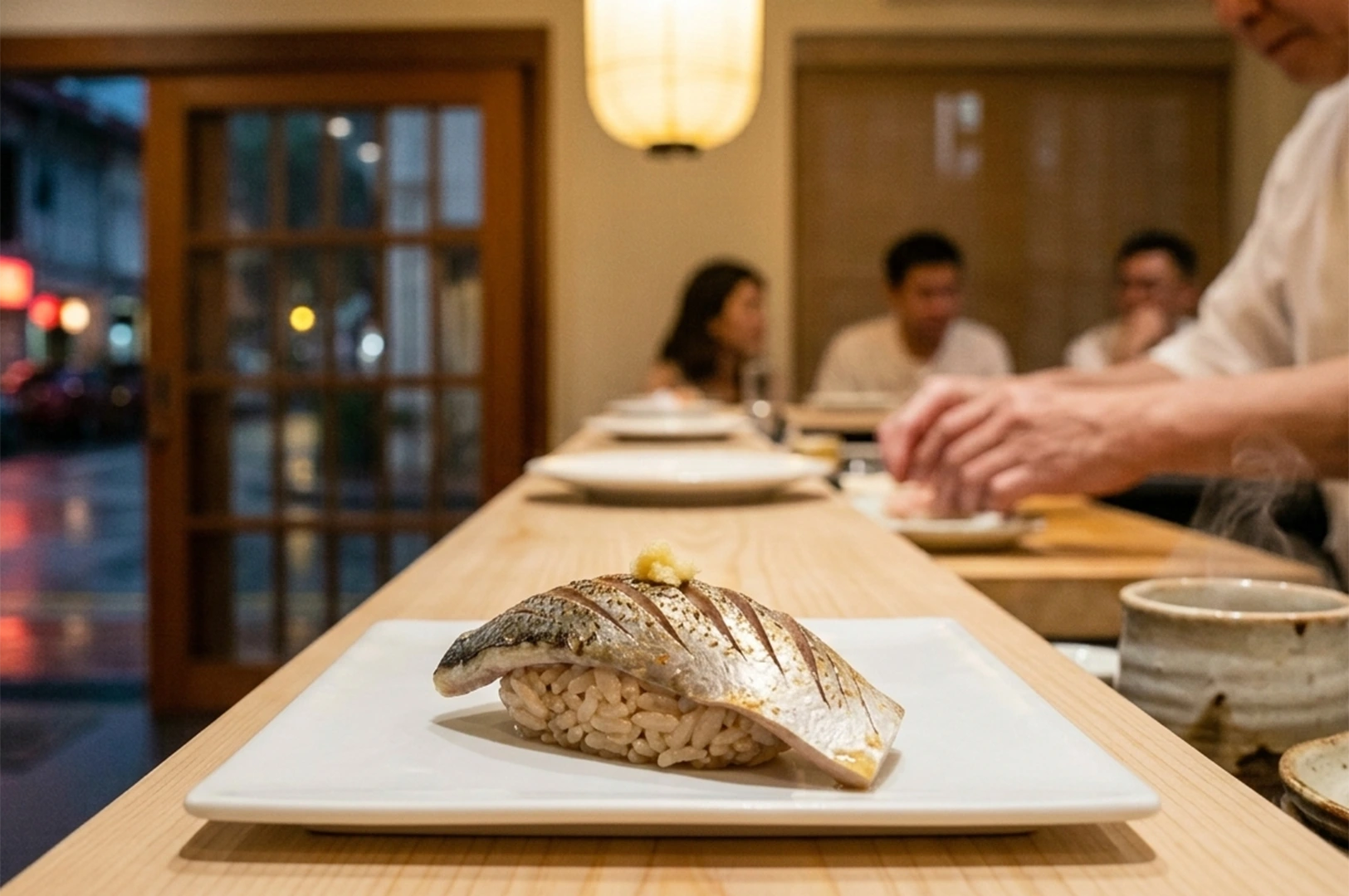Torched saba mackerel nigiri served on a minimalist white plate