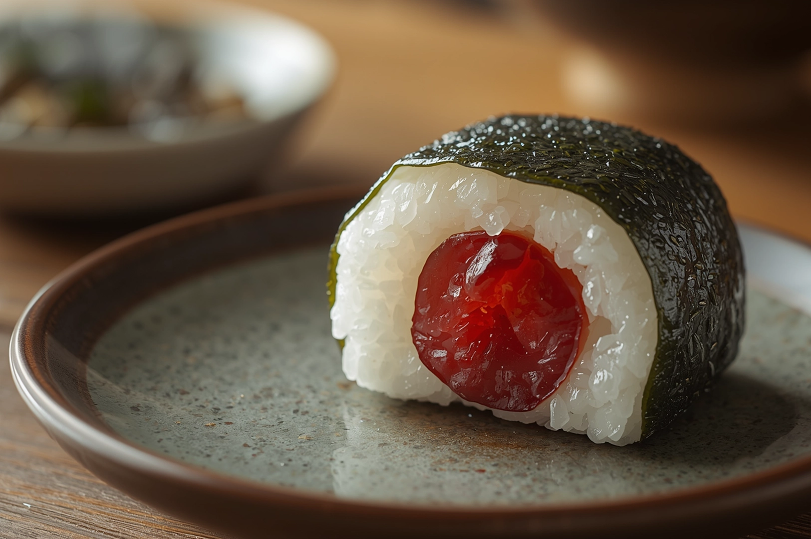A halved umeboshi onigiri (Japanese rice ball) on a ceramic plate, showing white rice wrapped in dark nori seaweed with a vibrant red pickled plum center.