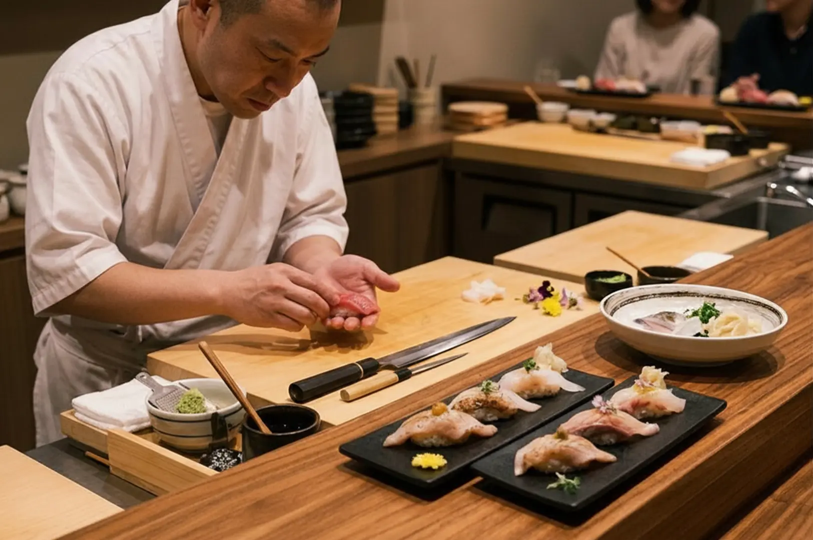 Chef preparing nigiri at counter