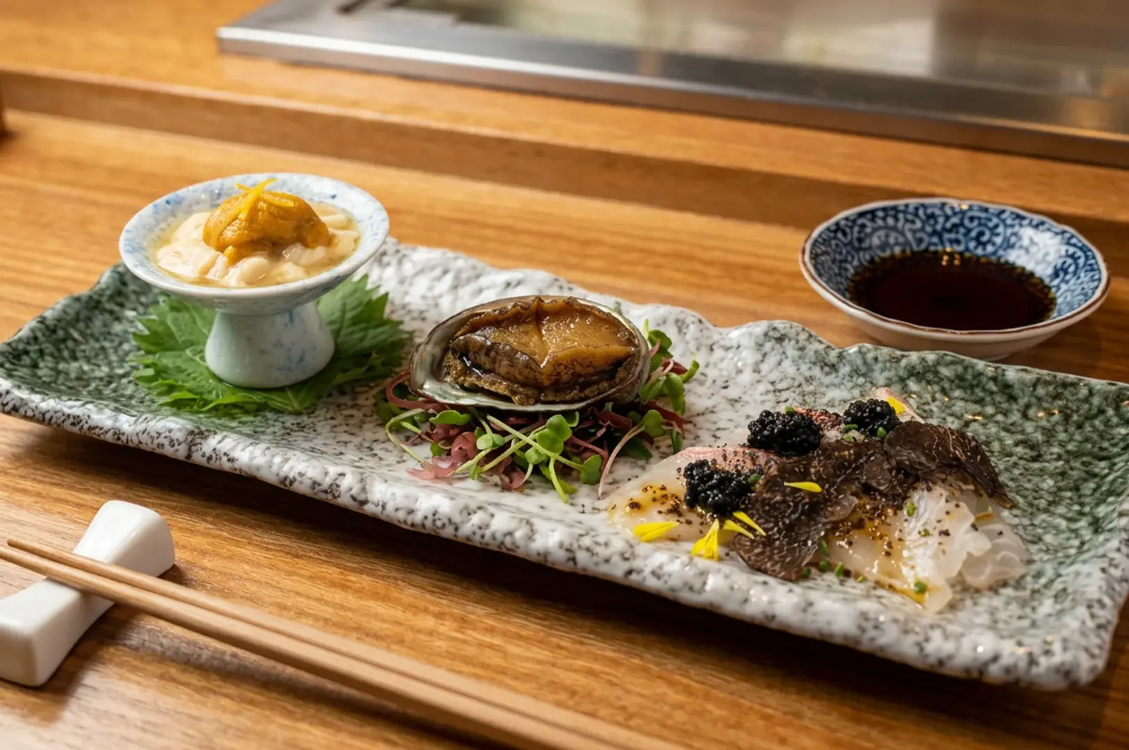 Omakase course with grilled fish, sea urchin, and garnishes on stone plate