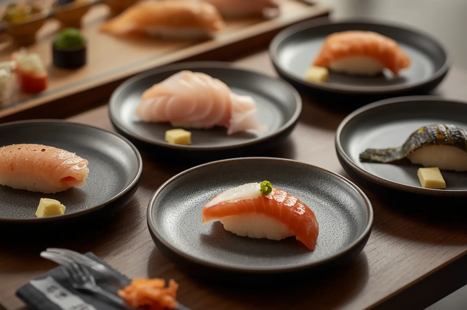 Assorted omakase nigiri and sashimi plates