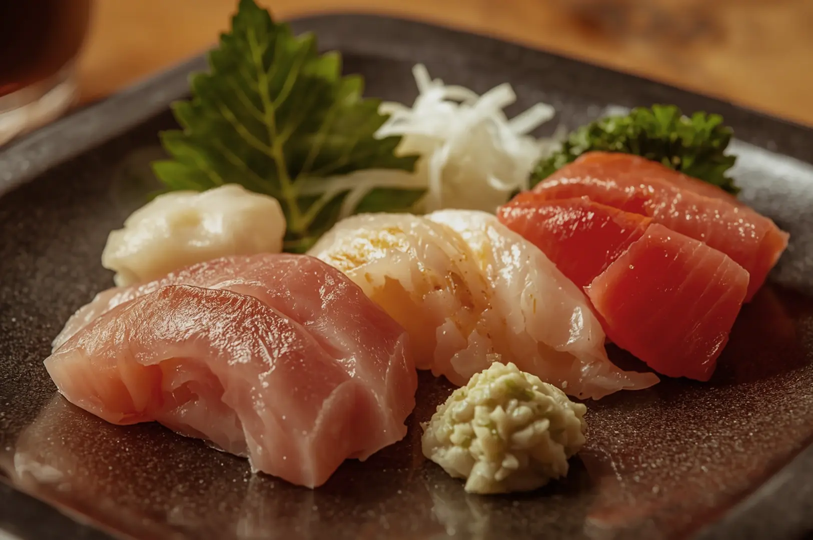 Sashimi platter with scallop, sea bream, and tuna belly on dark ceramic plate with shredded daikon, wasabi, and shiso leaf