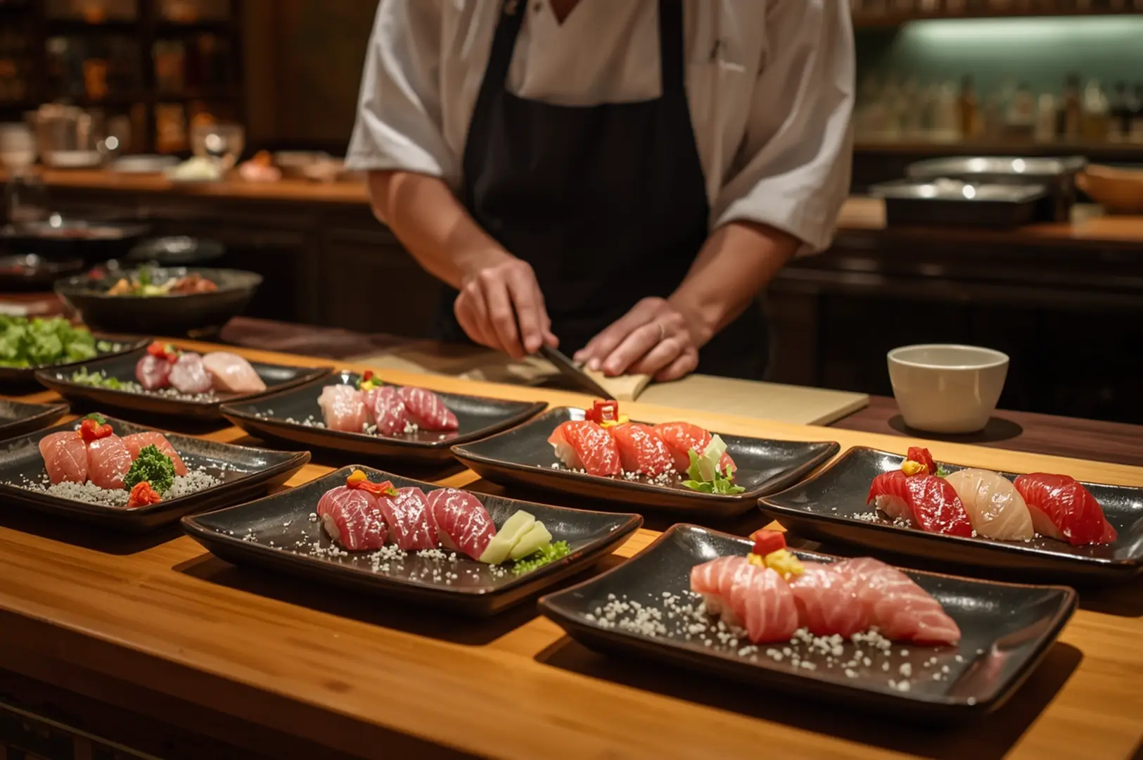 Chef preparing sushi at omakase counter in Singapore restaurant