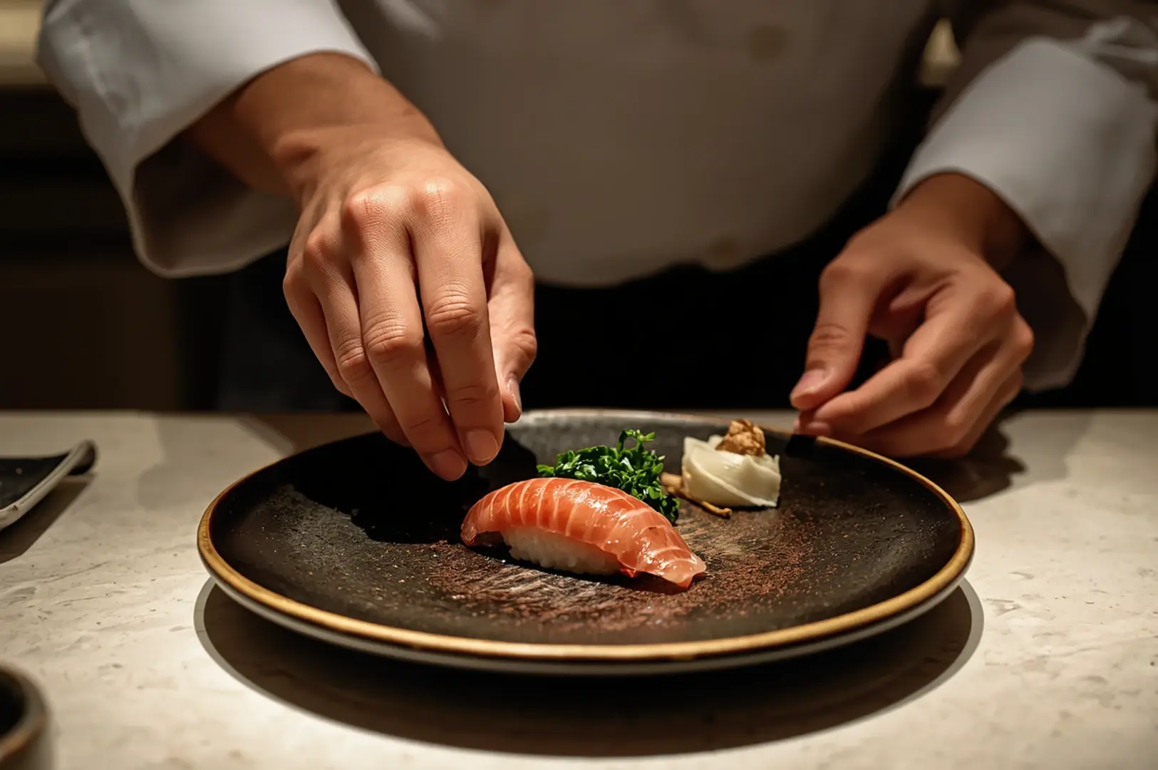 Chef garnishing nigiri sushi on dark ceramic plate