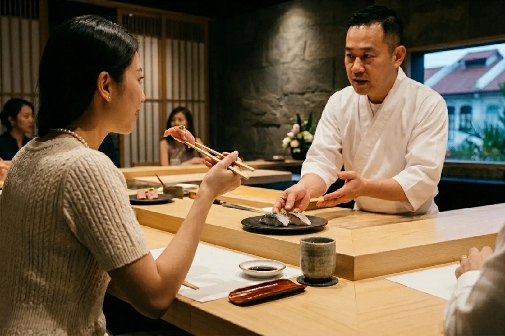 Chef serving sushi to customer at omakase counter
