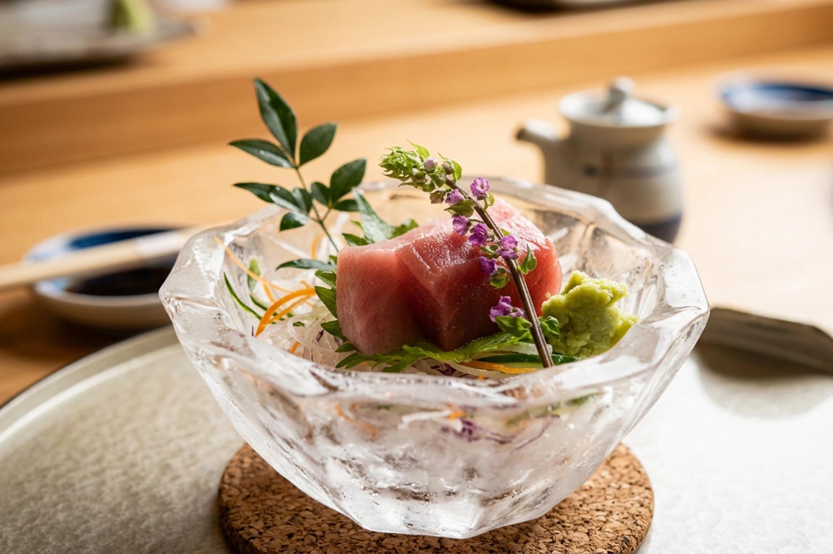 Fresh tuna sashimi on ice with wasabi and edible flowers