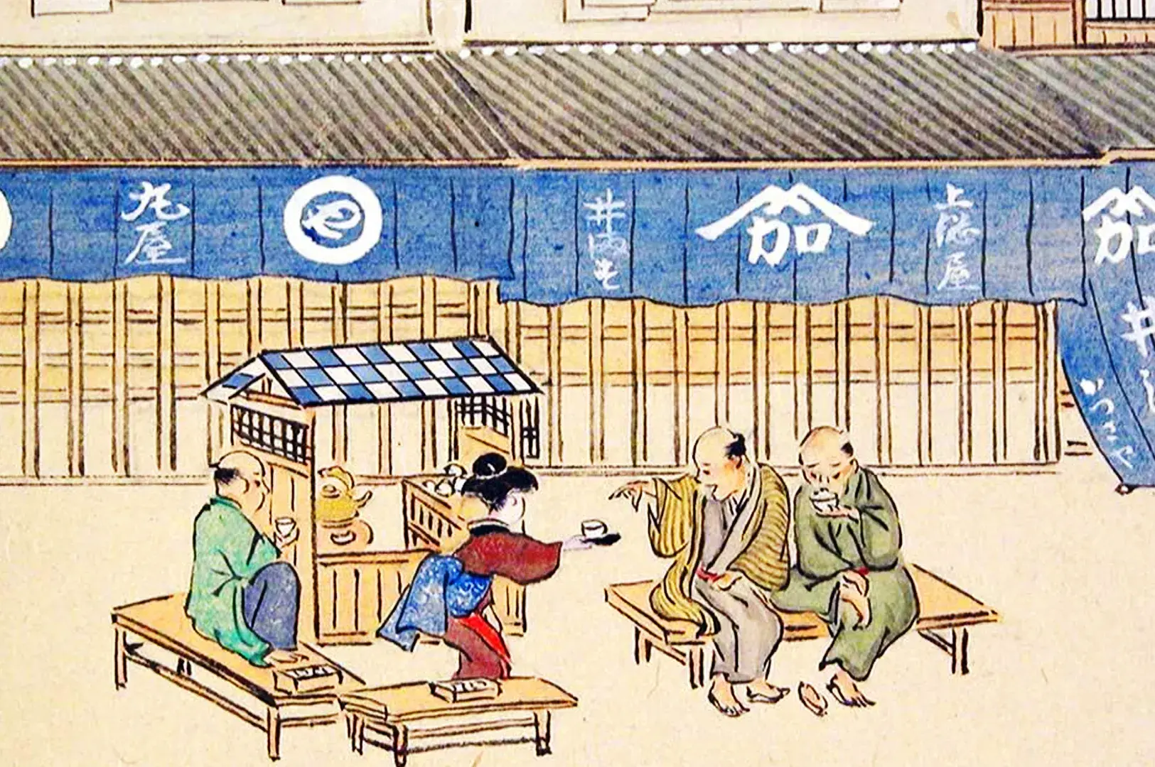Edo period Japanese street scene illustration showing early sushi vendors, representing the historical origins of sushi as fast street food