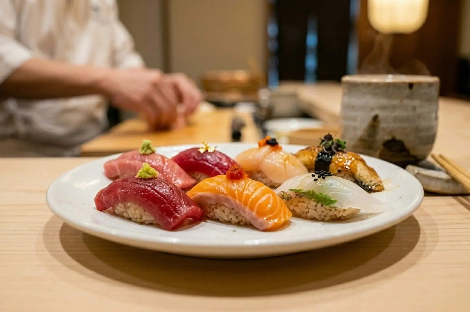 A close-up photograph of a variety of nigiri and gunkan sushi pieces garnished and arranged on a white plate on a wooden counter.