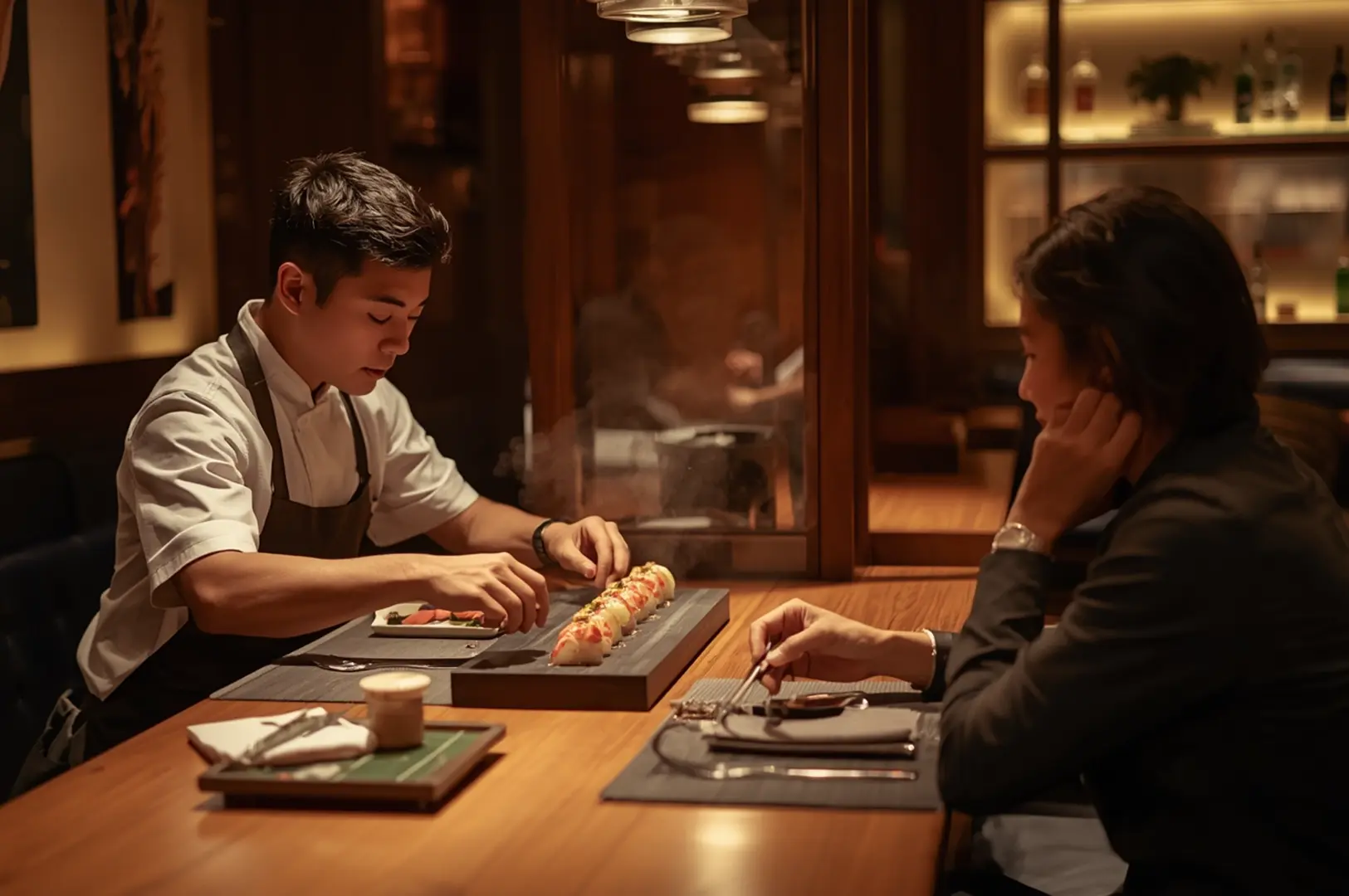 Chef and diner at omakase counter