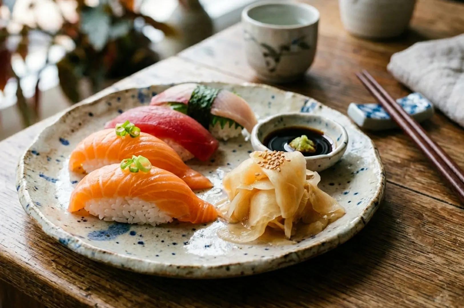 A plate of sushi with pickled ginger and soy sauce on a wooden table.