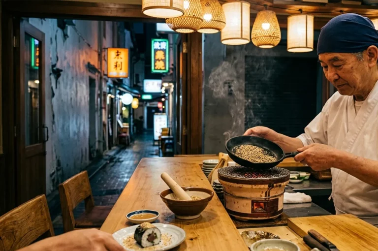 Chef toasting sesame seeds at cypress counter, narrow alley visible through doorway