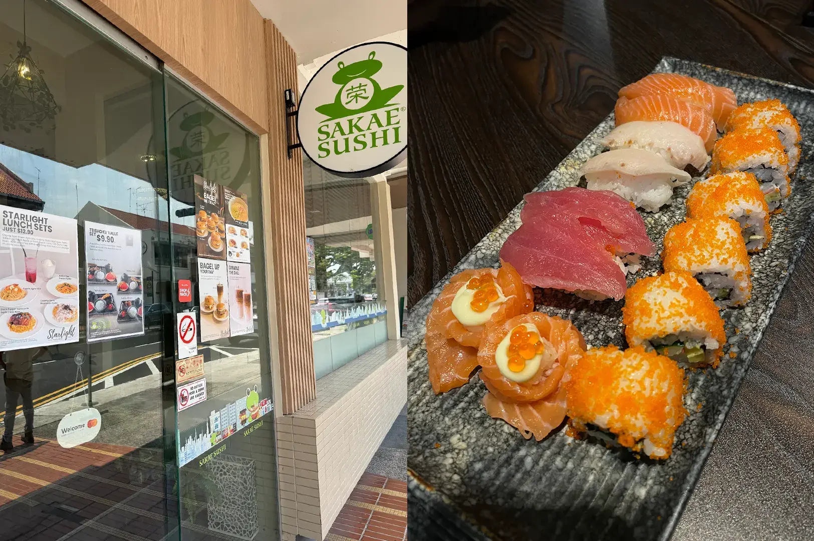 Sakae Sushi storefront and a sushi platter