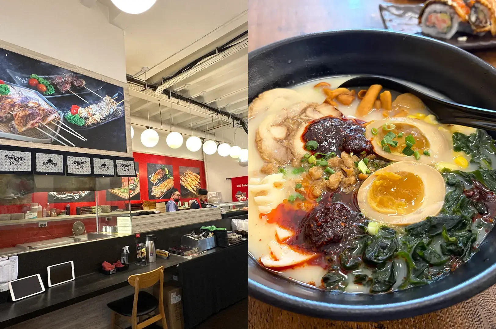 Ramen stall interior and and a ramen bowl