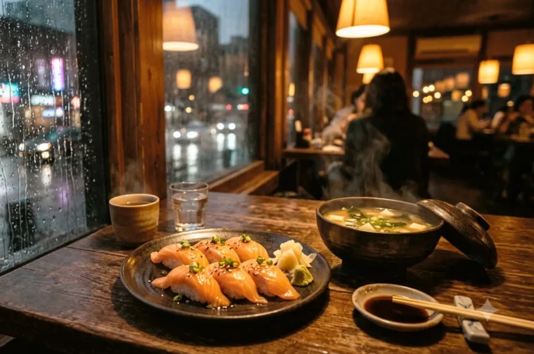 Salmon nigiri with wasabi and ginger on dark plate beside miso soup, soy sauce dish, and tea cup at rain-streaked window with blurred diners in background.