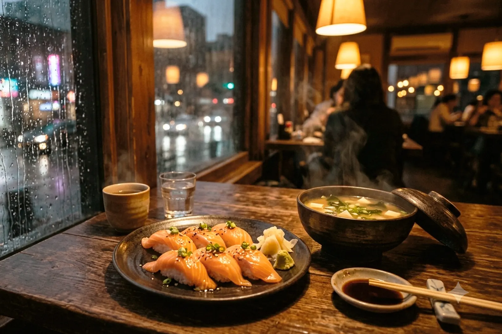 Salmon nigiri with wasabi and ginger on dark plate beside miso soup, soy sauce dish, and tea cup at rain-streaked window with blurred diners in background.