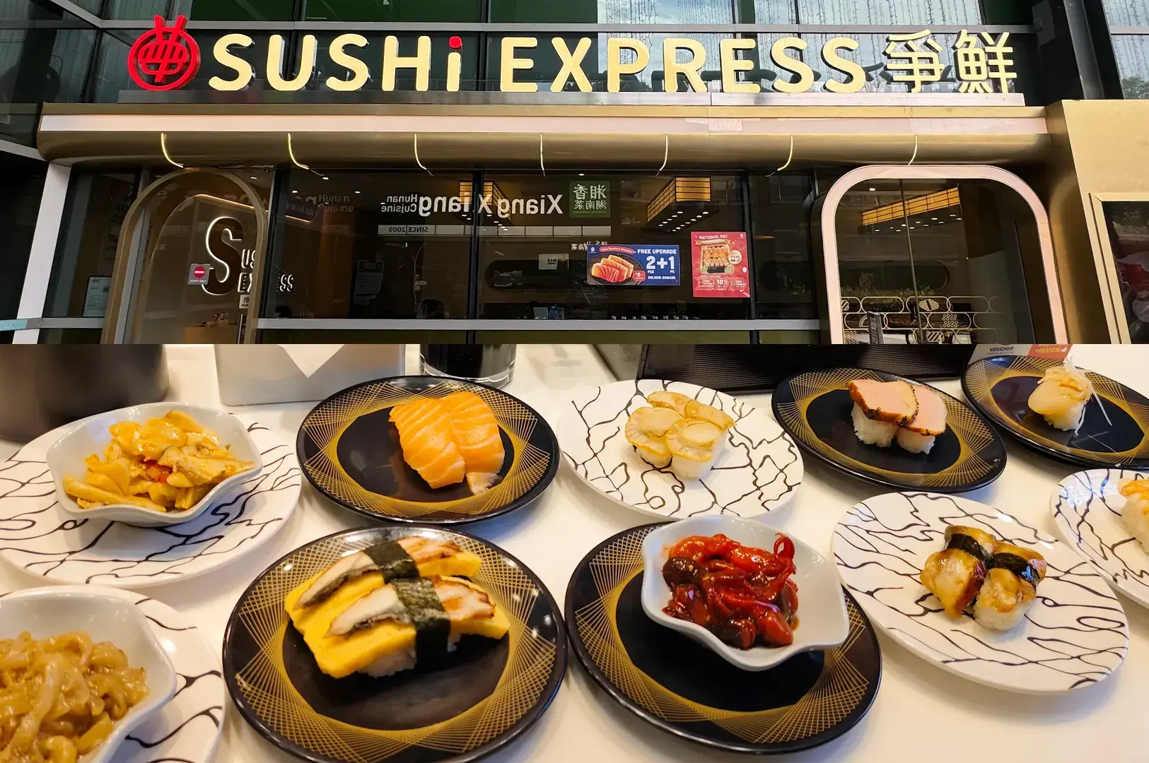 Sushi Express storefront at NEX and conveyor belt sushi plates including tamago,and salmon