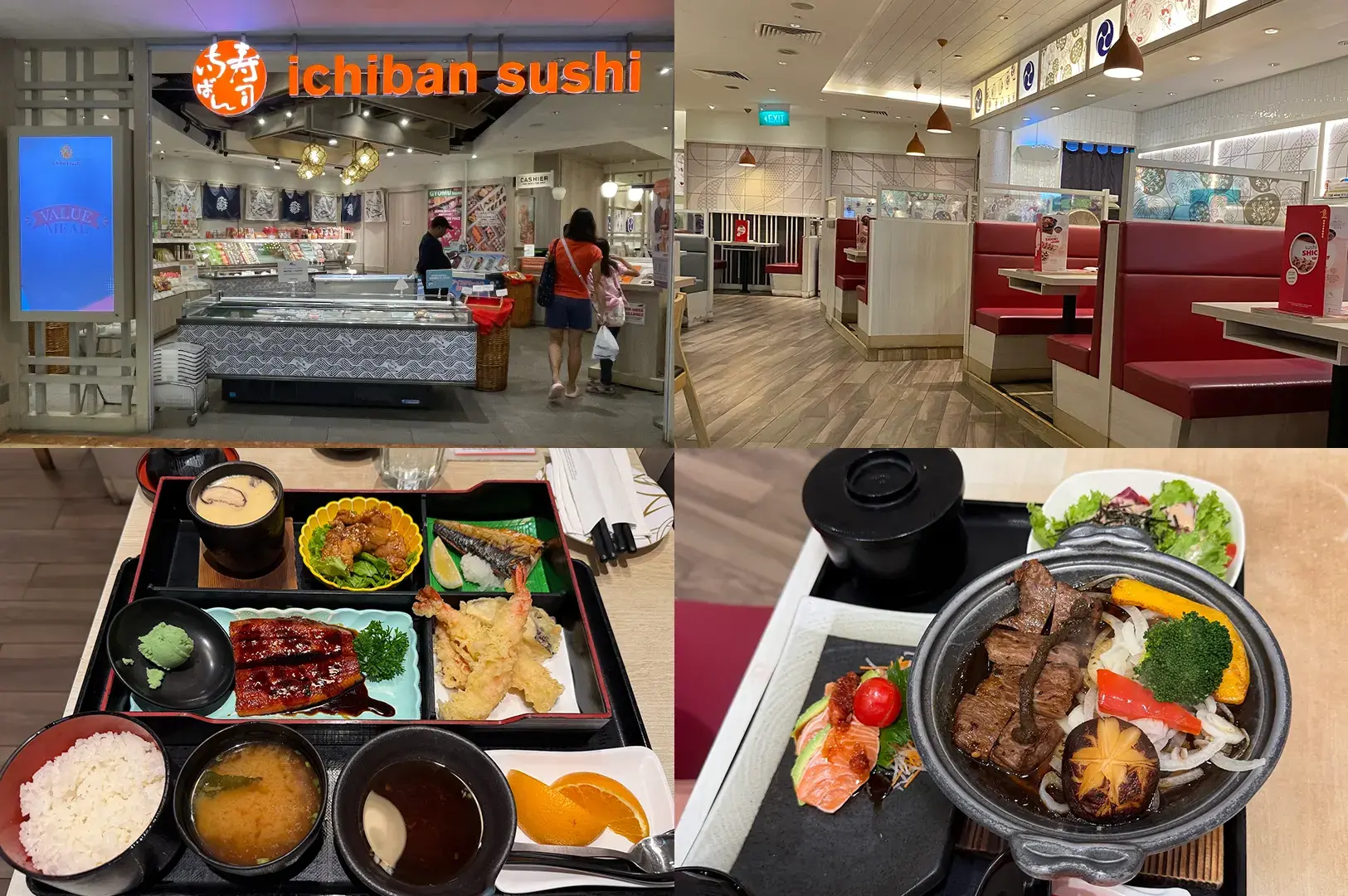 Ichiban Sushi interior with red booths, unagi set meal with rice and miso soup, and teppanyaki beef set
