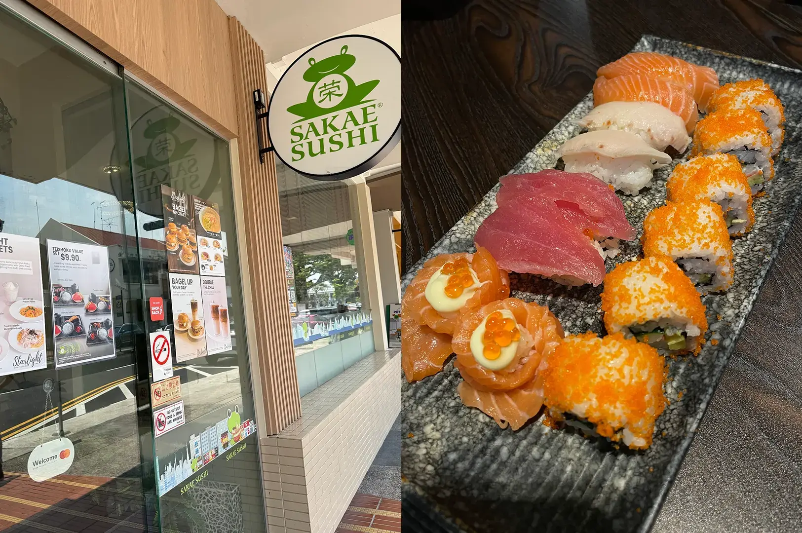 Sakae Sushi entrance with green logo and assorted sushi platter with salmon, tuna, and California rolls on black slate