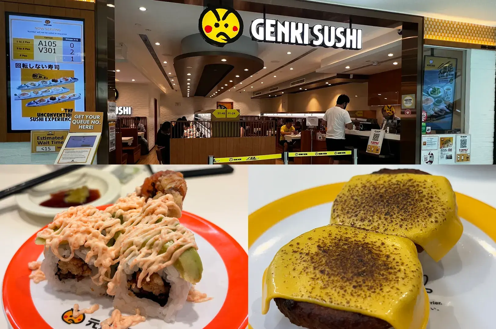 Genki Sushi storefront and sushi plates with spicy mayo roll and tamago nigiri