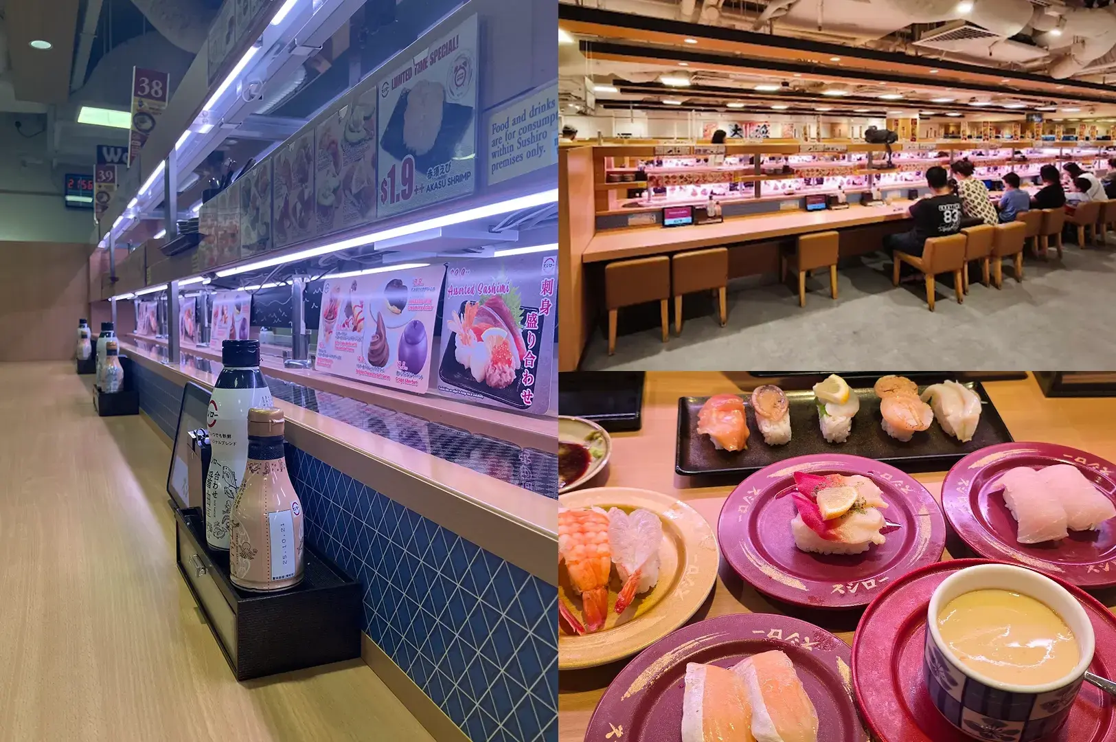 Sushiro restaurant with blue conveyor belt system and diners at counter with pink plates