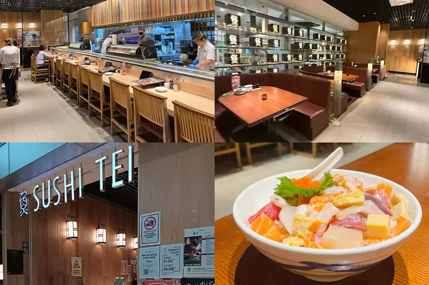 Sushi Tei entrance, sushi counter with booth seating, and chirashi bowl with assorted sashimi