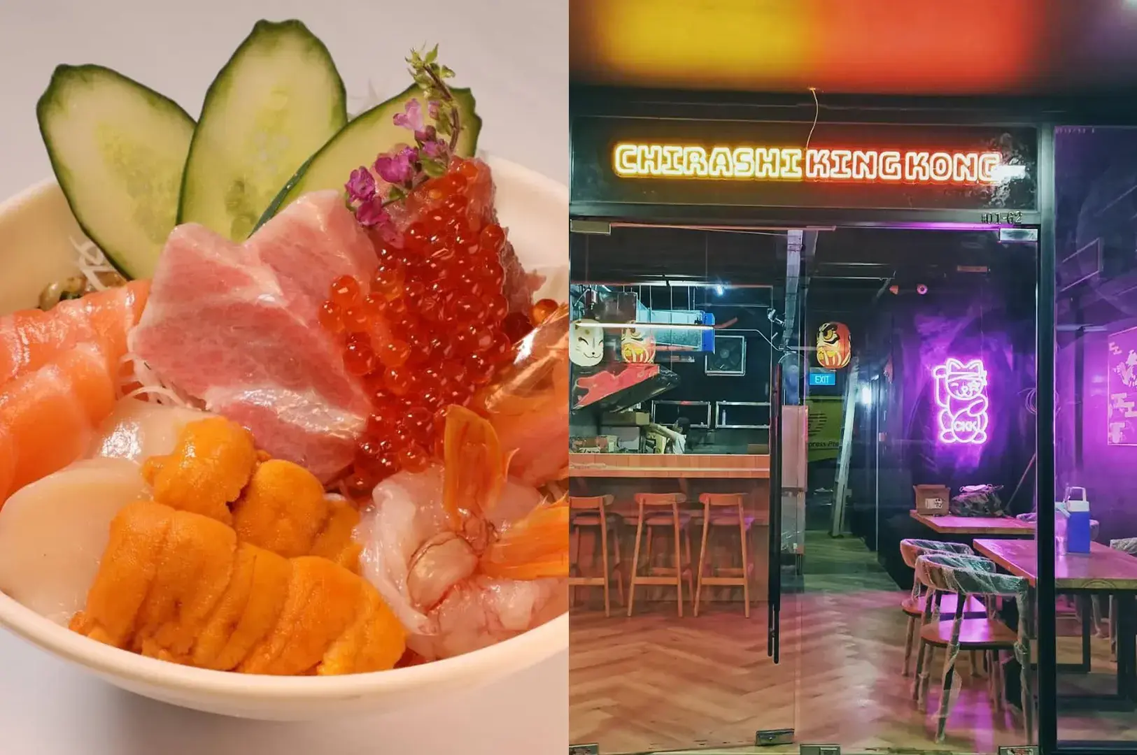 Chirashi King Kong bowl with ikura, tuna, salmon, uni, and cucumber garnish beside neon-lit storefront.